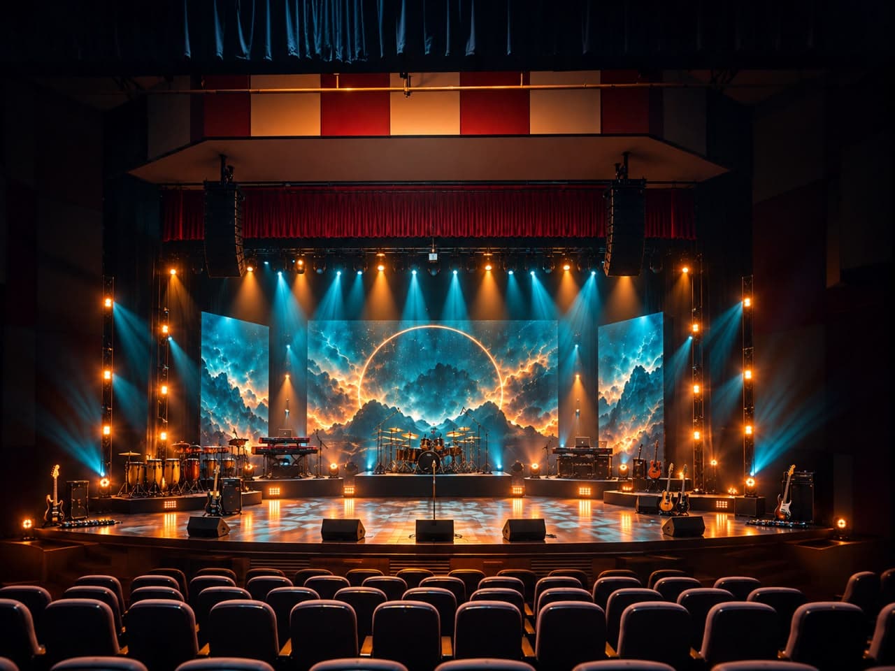 Concert stage design with LED walls and warm and blue lighting